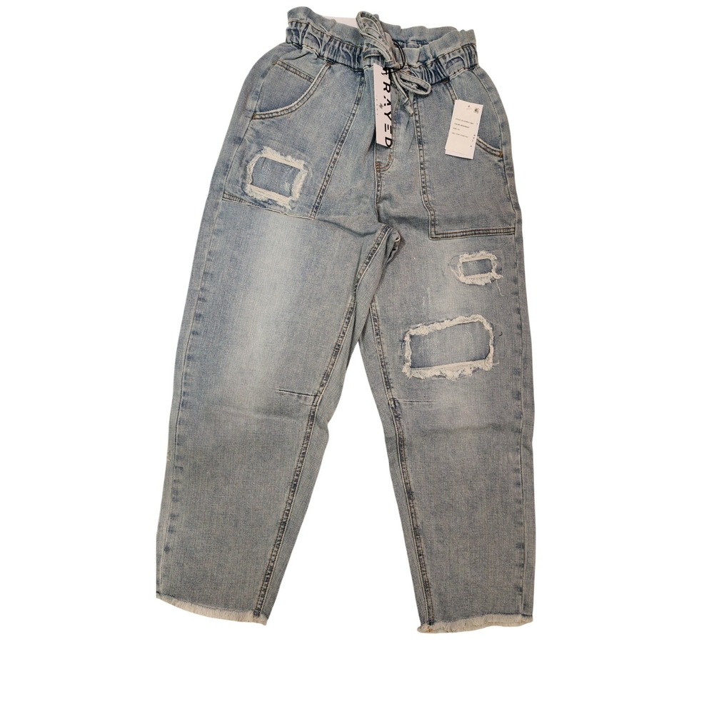 FRAYED Women's Super Rise Crop Utility Jeans Distressed Frayed Hem Tie Waist
